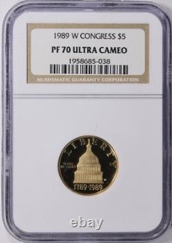 Monnaie commémorative en or de 5 $ NGC PF70 ultra cameo du Congrès de 1989-W