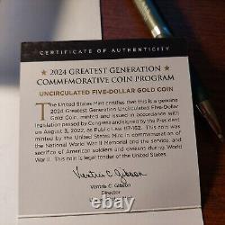 Monnaie en Or UNC de 5 $ de 2024 commémorant la Plus Grande Génération de l'Amérique avec Coffret et Certificat d'Authenticité