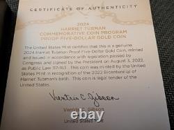 Monnaie en or de 5 $ Harriet Tubman 2024-W, épreuve. Boîte OGP et certificat d'authenticité. Scellé par la Monnaie.