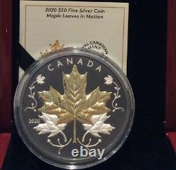 Mouvement Des Feuilles D'érable 2020 50 $ 5oz Pure Silver Proof Coin Canada Avec De L'or Et Du Rhodium