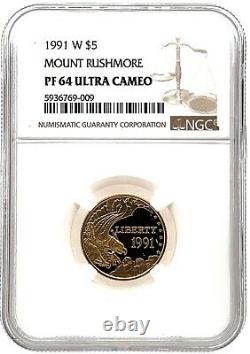 Ngc Pf 64 Ultra Cameo 1991-w Us Gold $5 Mount Rushmore Pièce De Preuve Commémorative