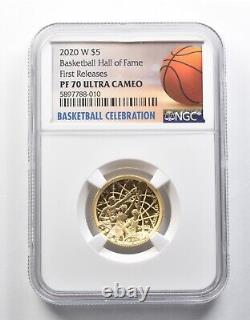 PF70 UCAM 2020-W $5 Basketball Hall Of Fame Gold Commemorative FR NGC 2078<br/> 
<br/>	
Translation: PF70 UCAM 2020-W 5 $ Basket-ball Hall Of Fame Or Commémoratif FR NGC 2078