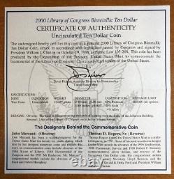 Pièce bimetallique en or et platine de 10 $ BU de la Bibliothèque du Congrès de 2000 avec certificat d'authenticité et emballage d'origine