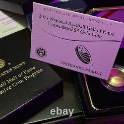 Pièce commémorative en or 2014-W UNC de 5 $ pour le Temple de la renommée du baseball avec boîte, manchon et certificat d'authenticité
