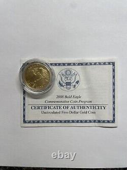 Pièce commémorative en or 90% de 5 $ de 2008 avec l'aigle chauve. 24187 AGW avec emballage d'origine et certificat d'authenticité.