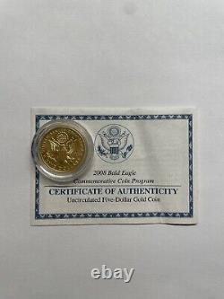 Pièce commémorative en or 90% de 5 $ de 2008 avec l'aigle chauve. 24187 AGW avec emballage d'origine et certificat d'authenticité.