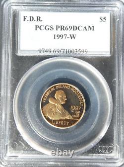 Pièce commémorative en or de 5 $ de 1997 dédiée à FDR Franklin Roosevelt, évaluée PCGS PR69 DCAM.