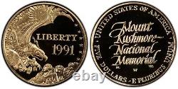 Pièce commémorative en or de 5 dollars de preuve du Mémorial national de Mount Rushmore de 1991 W Liberty