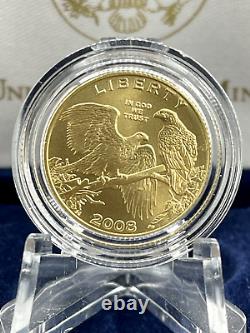 Pièce commémorative en or de 90% de cinq dollars à l'effigie de l'aigle chauve de 2008-W avec boîte et certificat d'authenticité.