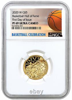 Pièce d'or 2020 W de preuve de 5 $ du Temple de la renommée du basket-ball, NGC PF69 UC, premier jour de l'émission