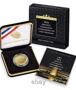 Pièce d'or Proof de 5 $ de 2024 pour la génération la plus grande, commémorative, dans une boîte scellée de la Monnaie des États-Unis.