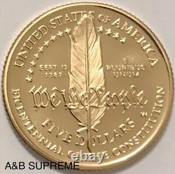 Pièce d'or commémorative Constitution 1987 W de 5 $ en superbe gemme ultra camée proof