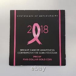 Pièce d'or commémorative PF 2018-W de sensibilisation au cancer du sein $5 OGP COA G2664