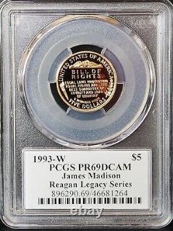 Pièce d'or commémorative de 5 $ de James Madison de 1993 sur la Déclaration des droits de Reagan Legacy PCGS PR69DCAM