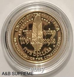 Pièce d'or commémorative de la Constitution de 1987 W de 5 dollars en Superbe Gemme avec épreuve en camée.