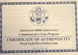 Pièce d'or de 5 dollars - Preuve 2007 - 400e anniversaire de Jamestown - boîte et certificat d'authenticité.
