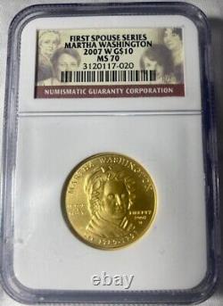 Pièce d'or en or de 1/2 once de 2007 de la série $10 de la première épouse Martha Washington, classée NGC MS 70.