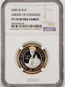 Pièce de bibliothèque du Congrès en or et platine bi-métallique 2000-W 10 $ preuve PF70UCAM NGC
