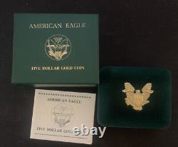 Pièce de cinq dollars American Eagle 1989 non circulée avec étui en velours et authenticité.