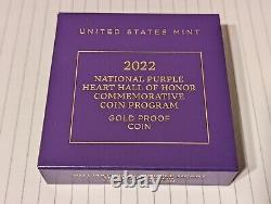 Pièce de monnaie américaine en or de 5 dollars 'Gold PROOF' du Hall of Honor national des Purple Heart de W pour l'année 2022, dans son emballage d'origine (OGP) de la Monnaie des États-Unis.