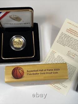 Pièce de monnaie commémorative américaine en or de 5 dollars de 2020 pour le Basketball Hall of Fame, épreuve de la Monnaie de West Point, 8,359 grammes