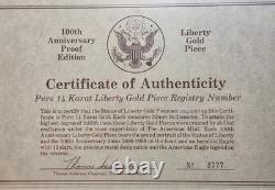 Pièce de monnaie en or 14 carats Liberty Proof du centenaire américain de 1986 7,2 g COA et dossier PREMIER JOUR
