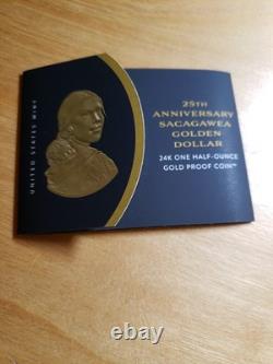 Pièce en or 24K de 1/2 oz, dollar Sacagawea W 2025, épreuve. Seulement 7500 frappées. Épuisé.