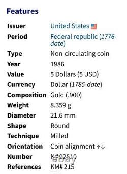 Pièce en or de 5 $ ultra cameo épreuve BU non circulée de la statue de la liberté de 1986