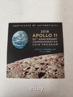 Pièce en or de cinq dollars en édition limitée commémorative du 50e anniversaire d'Apollo 11 de 2019