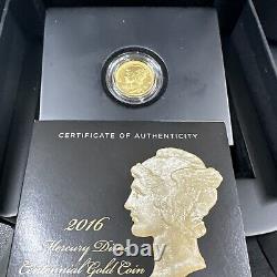 Pièce rare et magnifique en or de 1/10 oz Mercury Dime Centennial de 2016-W (avec OGP)