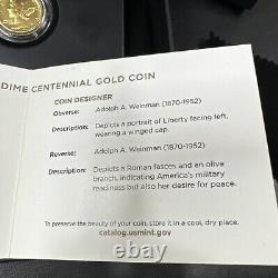 Pièce rare et magnifique en or de 1/10 oz Mercury Dime Centennial de 2016-W (avec OGP)