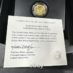 Pièce rare et magnifique en or de 1/10 oz Mercury Dime Centennial de 2016-W (avec OGP)