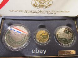 Pièces commémoratives du 1991 anniversaire du Mont Rushmore - Ensemble de 3 pièces $5 en or, $1 en argent, 50c plaqué or.