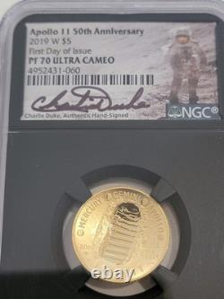 RARE Apollo 11 2019 NGC PF70 UCAM FDOI Charlie Duke SIGNÉ Pièce d'or de 5 $ - OOIE