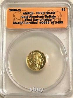 Rare 2008 West Point Proof $5 Gold American Buffalo Anacs Proof 70 Dcam