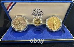 Rare ensemble commémoratif de 3 pièces en or, argent et bronze 90 % Amérique dans l'espace 1988