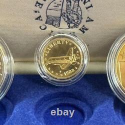 Rare ensemble commémoratif de 3 pièces en or, argent et bronze 90 % Amérique dans l'espace 1988