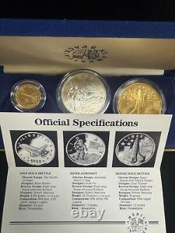Rare ensemble commémoratif de 3 pièces en or, argent et bronze 90 % Amérique dans l'espace 1988