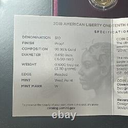 SUPERBE GEM BU 2018-W Amérique Liberté Haute Relief épreuve 1/10 oz Or OGP & COA