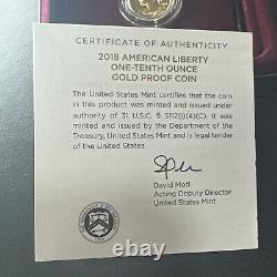 SUPERBE GEM BU 2018-W Amérique Liberté Haute Relief épreuve 1/10 oz Or OGP & COA