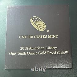 SUPERBE GEM BU 2018-W Amérique Liberté Haute Relief épreuve 1/10 oz Or OGP & COA