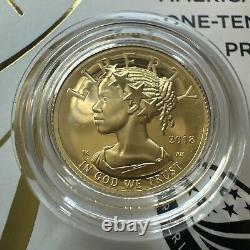 SUPERBE GEM BU 2018-W Liberté américaine en or de 1/10 oz en relief élevé, épreuve dans son emballage d'origine et avec certificat d'authenticité