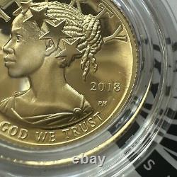 SUPERBE GEM BU 2018-W Liberté américaine en or de 1/10 oz en relief élevé, épreuve dans son emballage d'origine et avec certificat d'authenticité