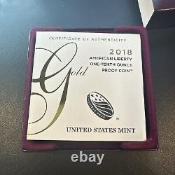 SUPERBE GEM BU 2018-W Liberté américaine en or de 1/10 oz en relief élevé, épreuve dans son emballage d'origine et avec certificat d'authenticité