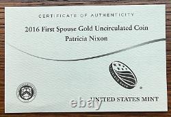 Série de pièces d'or BU de la première dame Patricia Nixon de 2016, 1/2 once, faible tirage de 1 839 exemplaires