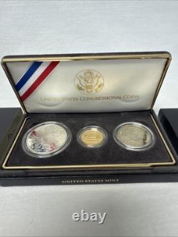 Set de Preuves Congressionnelles Américaines de 1989 avec 3 Pièces : Or 5 $, Argent 1 $, demi
