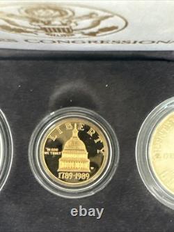 Set de Preuves Congressionnelles Américaines de 1989 avec 3 Pièces : Or 5 $, Argent 1 $, demi