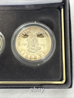Set de Preuves Congressionnelles Américaines de 1989 avec 3 Pièces : Or 5 $, Argent 1 $, demi