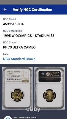 Stade olympique commémoratif de 1995-W - Pièce d'or de 5 $ NGC PF70 UCAM - Livraison prioritaire gratuite