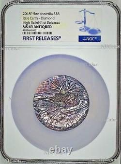 Terres Rares 2018 5oz Argent High Relief Patina Diamant Doré $8 Coin Ngc Ms69 Fr